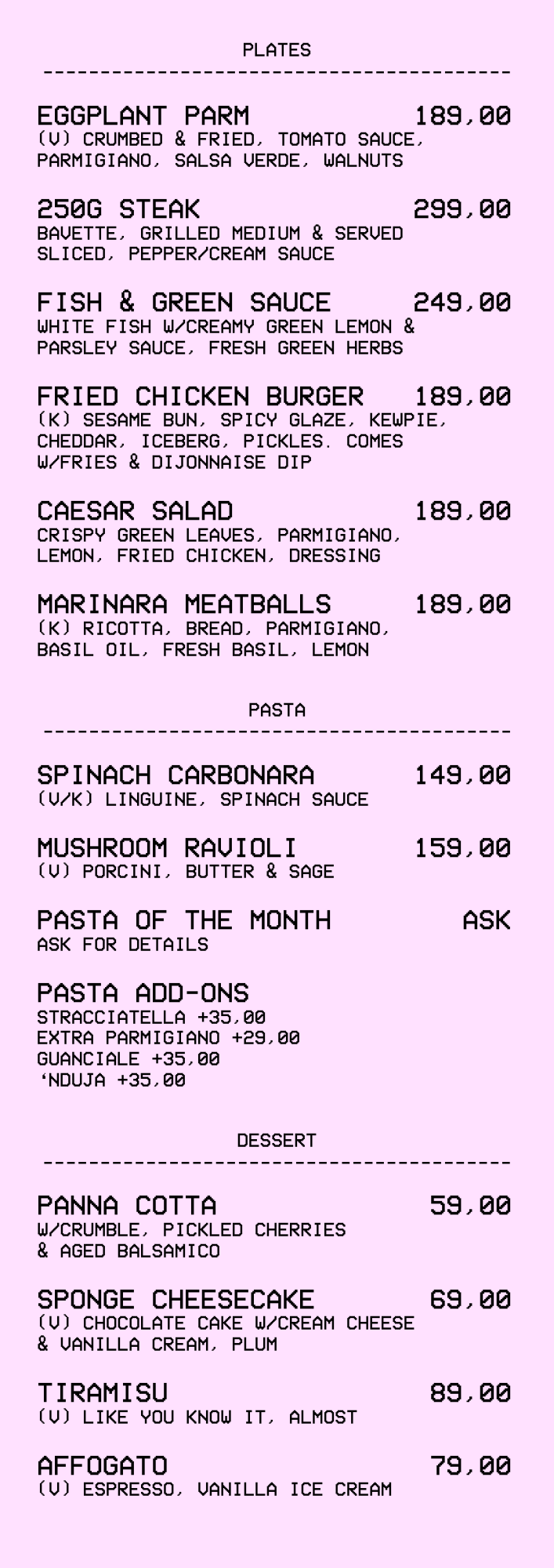 A la carte menu